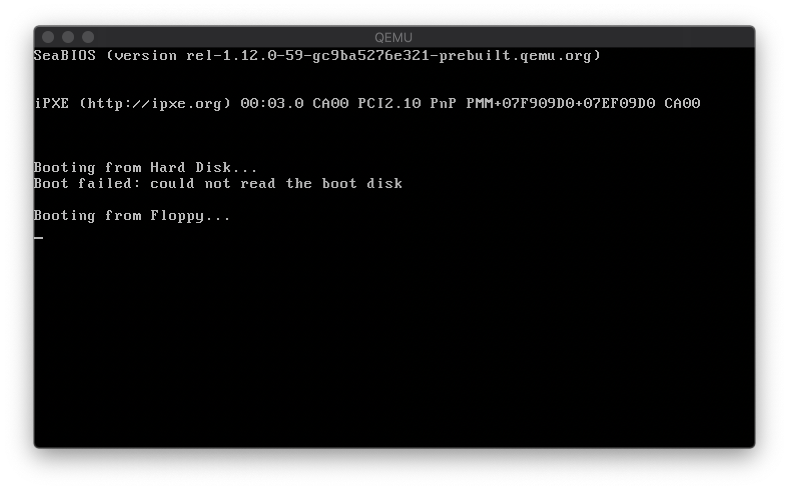 QEMU running our bootloader